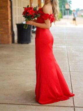 Off-Shoulder Red Floral Sleeve Evening Gown-Prom